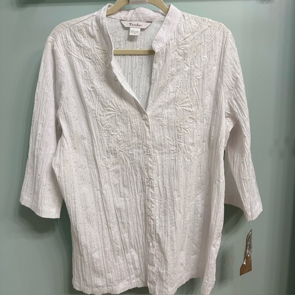 Tanjay White Embroidered Button-Up Blouse 3/4 sleeve size 14 mandarin collar - Picture 1 of 9